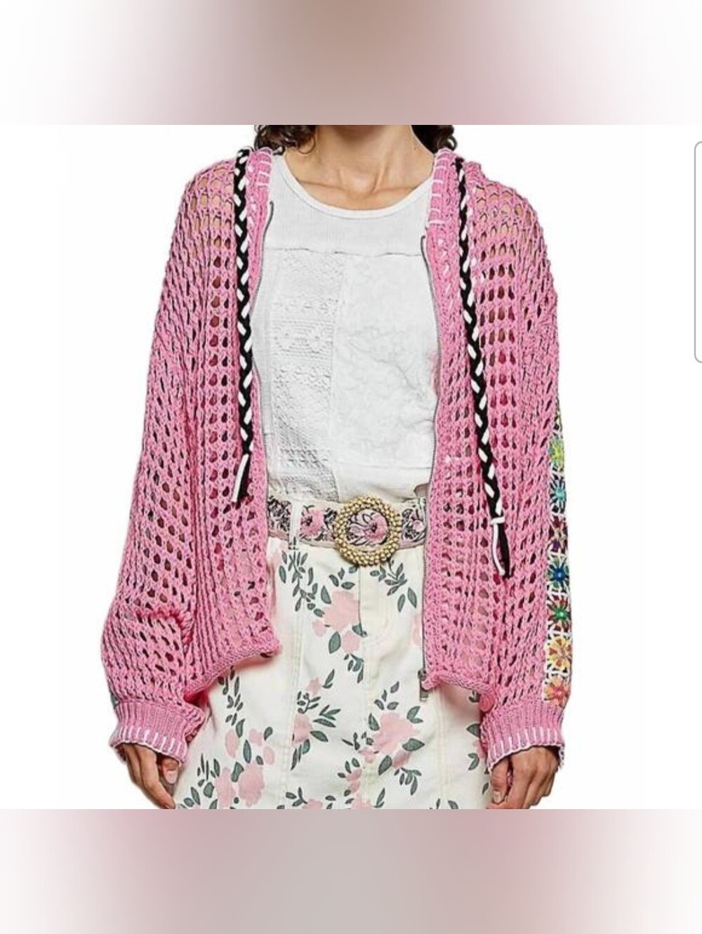 POL crochet zip-up cardigan hoodie in hot pink Size S